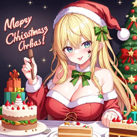 masterpiece, best quality, 1girl, :p, :charismas, hat, santa cosplay, particle, cake, breasts, charismas present, Christmas tree, blonde hair, facial tattoo, cake party, ribbon, <lora:spark_anime_style_v2:0.7>