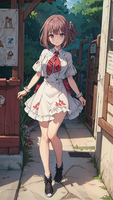 ((((ultra illustrated style:1.0)))),best quality,best animated,masterpiece,ray tracing, global illumination,Sarasa fido,1girl,upper,full, solo, standing,full body,looking at viewer, outdoors