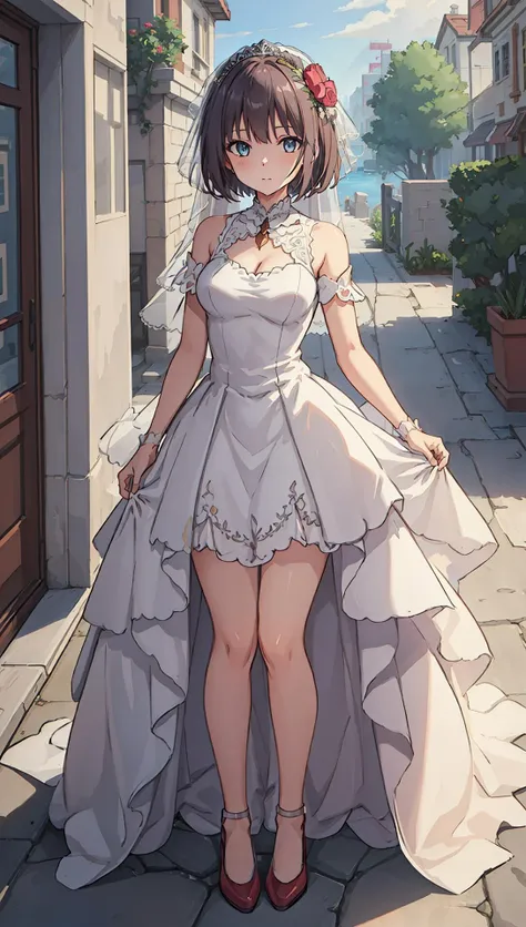 ((((ultra illustrated style:1.0)))),best quality,best animated,masterpiece,ray tracing, global illumination,1girl, solo, looking at viewer, standing, full body, wedding dress,outdoors