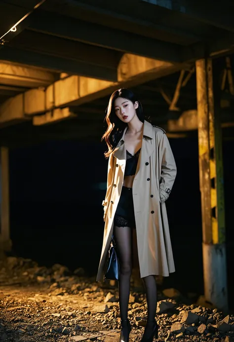 In the secluded darkness beneath an abandoned bridge,a lone figure provocatively opens a trench coat against the night breeze,revealing enticing lingerie underneath. The ambient glow adds to the intense allure of the clandestine setting.,korean asian woman,black hair,