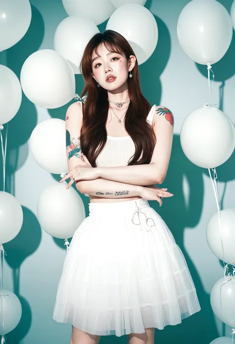 A asian woman stands in front of a background of white balloons, with her left hand raised and her right hand placed on her neck. She has long brown hair and is wearing a white fluffy skirt. There are tattoos on her arms.