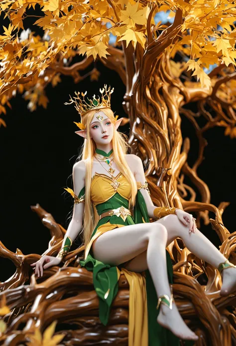 A regal queen of elves, with radiant golden hair and a crown of forest leaves, sits on a throne of intertwined branches. The background reveals an ancient, sprawling tree city, with structures carved into living wood.