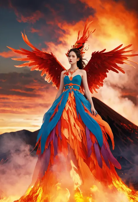 A majestic phoenix maiden, her fiery red and orange feathers blending into a vibrant dress, stands atop a smoldering volcano. The background captures a dramatic sunset, with hues of red and orange reflecting in the billowing smoke.