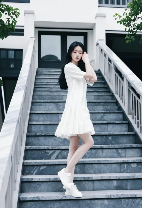 A asian woman wearing a white dress stands on the stairs, with her left hand resting on the railing and her right hand supporting her head. There are white sneakers on her feet, and she has long black hair. The stairs are made of gray marble, with white railings and steps. There are green plants in pots on the stairs, and a white chair and a black chandelier are placed on the right side.