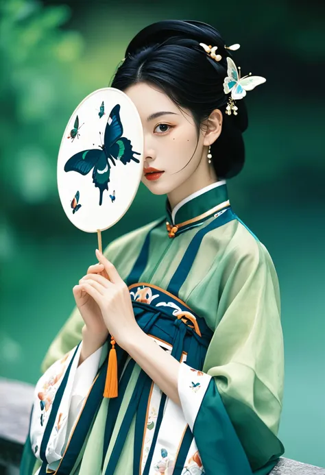 Photograph, young woman in traditional Chinese attire, Tang dynasty, holding a round fan with a butterfly design, intricate hair ornaments, serene expression, soft natural light, lush green background, delicate embroidery on clothing, elegant and poised demeanor, detailed, sharp focus, professional, cinematic, rich bright colors, contemporary, sleek futuristic, dramatic ambient, deep royal