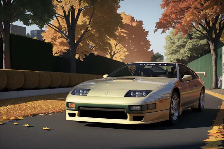 300ZX, green,rally car parked on a street covered with leaves in autumn in a (city:1.3), fall, global illumination, volumetric lighting, best quality, highly detailed, cgi, illustration, octane render, <lora:300ZX:0.6>