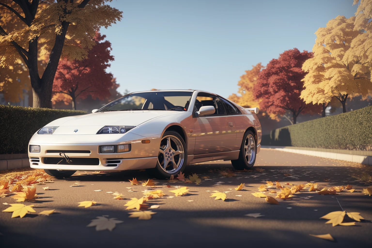 300ZX, white, sports car parked on a street covered with leaves in autumn in a (city:1.3), fall, global illumination, volumetric lighting, best quality, highly detailed, cgi, illustration, octane render, <lora:300ZX:0.6>