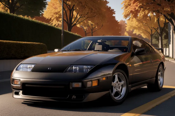 300ZX, black,sports car parked on a street covered with leaves in autumn in a (city:1.3), fall, global illumination, volumetric lighting, best quality, highly detailed, cgi, illustration, octane render, <lora:300ZX:0.6>