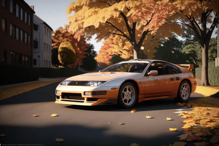 300ZX, black,rally car parked on a street covered with leaves in autumn in a (city:1.3), fall, global illumination, volumetric lighting, best quality, highly detailed, cgi, illustration, octane render,  <lora:300ZX:0.6>