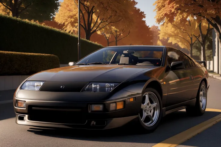 300ZX, black,sports car parked on a street covered with leaves in autumn in a (city:1.3), fall, global illumination, volumetric lighting, best quality, highly detailed, cgi, illustration, octane render, <lora:300ZX:0.6>