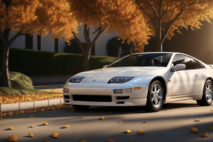 300ZX, white,sports car parked on a street covered with leaves in autumn in a (city:1.3), fall, global illumination, volumetric lighting, best quality, highly detailed, cgi, illustration, octane render,  <lora:300ZX:0.6>