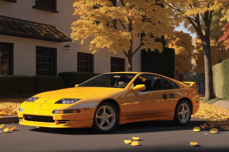 300ZX, yellow, sports car parked on a street covered with leaves in autumn in a (city:1.3), fall, global illumination, volumetric lighting, best quality, highly detailed, cgi, illustration, octane render, <lora:300ZX:0.6>