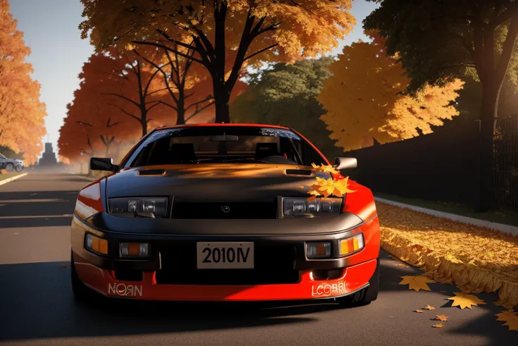 300ZX, black,rally car parked on a street covered with leaves in autumn in a (city:1.3), fall, global illumination, volumetric lighting, best quality, highly detailed, cgi, illustration, octane render,  <lora:300ZX:0.6>