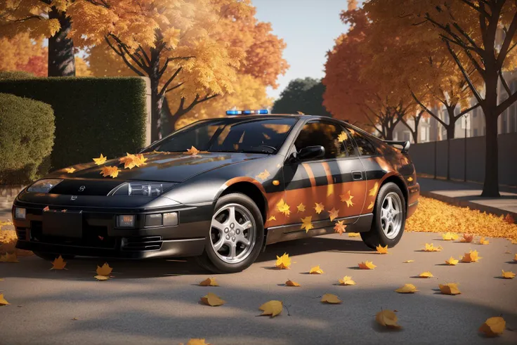 300ZX, black,police car parked on a street covered with leaves in autumn in a (city:1.3), fall, global illumination, volumetric lighting, best quality, highly detailed, cgi, illustration, octane render, <lora:300ZX:0.6>