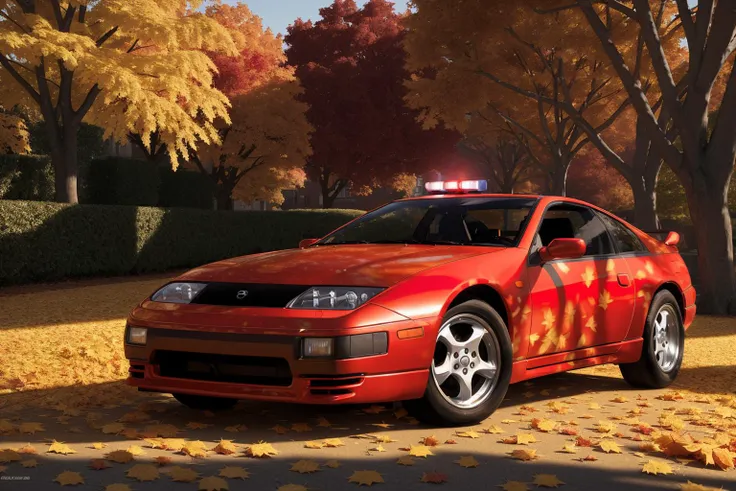 300ZX, red,police car parked on a street covered with leaves in autumn in a (city:1.3), fall, global illumination, volumetric lighting, best quality, highly detailed, cgi, illustration, octane render, <lora:300ZX:0.6>