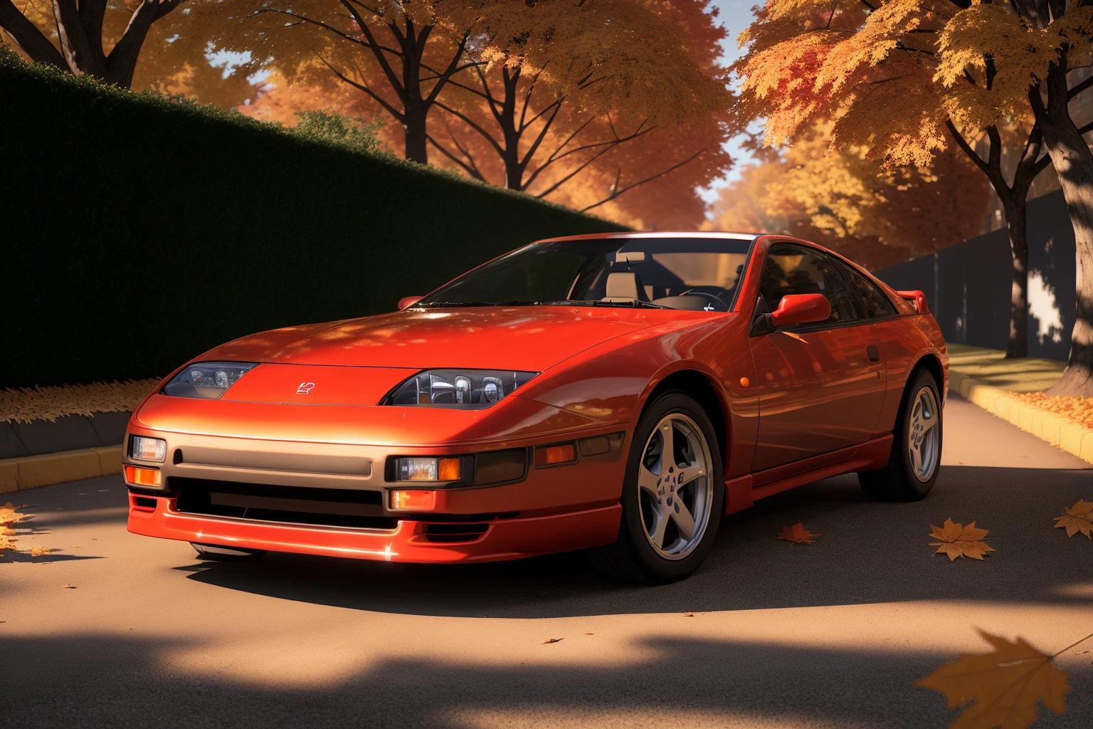 300ZX, red,sports car parked on a street covered with leaves in autumn in a (city:1.3), fall, global illumination, volumetric lighting, best quality, highly detailed, cgi, illustration, octane render, <lora:300ZX:0.6>