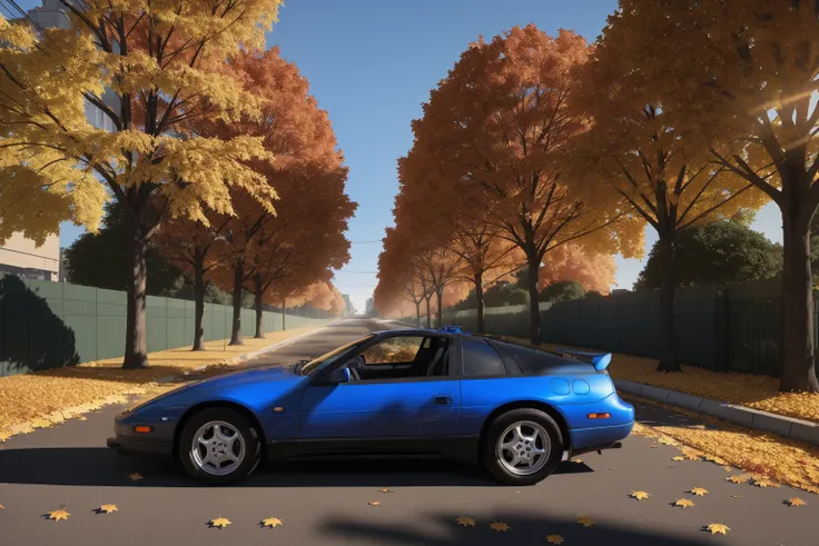 300ZX, blue,police car parked on a street covered with leaves in autumn in a (city:1.3), fall, global illumination, volumetric lighting, best quality, highly detailed, cgi, illustration, octane render, <lora:300ZX:0.6>