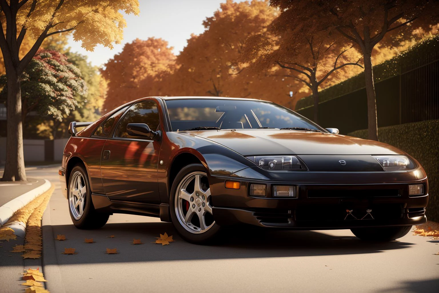 300ZX, black,stance car parked on a street covered with leaves in autumn in a (city:1.3), fall, global illumination, volumetric lighting, best quality, highly detailed, cgi, illustration, octane render, <lora:300ZX:0.6>