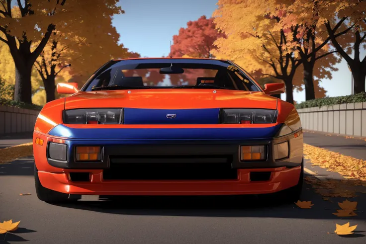 300ZX, blue,rally car parked on a street covered with leaves in autumn in a (city:1.3), fall, global illumination, volumetric lighting, best quality, highly detailed, cgi, illustration, octane render, <lora:300ZX:0.6>