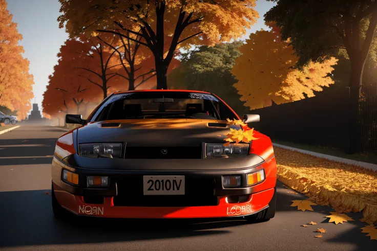 300ZX, black,rally car parked on a street covered with leaves in autumn in a (city:1.3), fall, global illumination, volumetric lighting, best quality, highly detailed, cgi, illustration, octane render, <lora:300ZX:0.6>