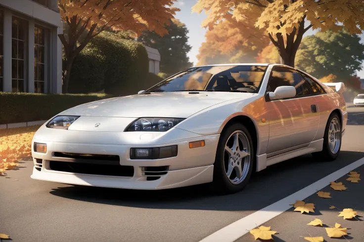 300ZX, white,drift car parked on a street covered with leaves in autumn in a (city:1.3), fall, global illumination, volumetric lighting, best quality, highly detailed, cgi, illustration, octane render,  <lora:300ZX:0.6>