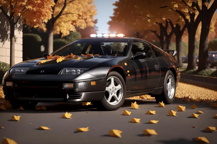 300ZX, black,police car parked on a street covered with leaves in autumn in a (city:1.3), fall, global illumination, volumetric lighting, best quality, highly detailed, cgi, illustration, octane render, <lora:300ZX:0.6>