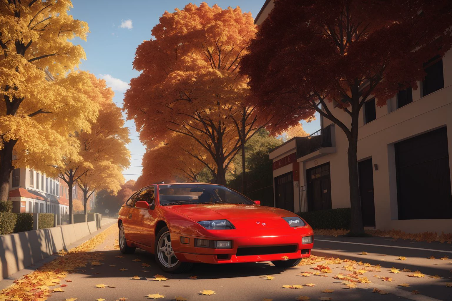 300ZX, red,police car parked on a street covered with leaves in autumn in a (city:1.3), fall, global illumination, volumetric lighting, best quality, highly detailed, cgi, illustration, octane render, <lora:300ZX:0.6>