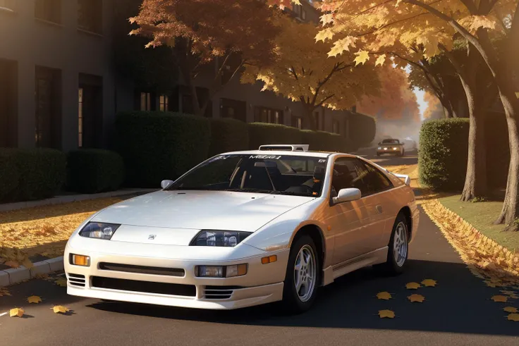 300ZX, white,rally car parked on a street covered with leaves in autumn in a (city:1.3), fall, global illumination, volumetric lighting, best quality, highly detailed, cgi, illustration, octane render, <lora:300ZX:0.6>