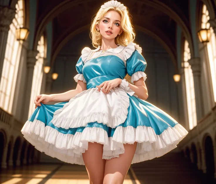 cinematic film still beautiful adult woman, solo,  blonde hair, age 30, mid shot, standing, grand hall, <lora:JosFrenchMaid-65:0.9>, m4id, (wide short skirt petticoat),  blue velvet dress, apron, frills, rim lighting,  black footwear, full body . shallow depth of field, vignette, highly detailed, high budget, bokeh, cinemascope, moody, epic, gorgeous, film grain, grainy