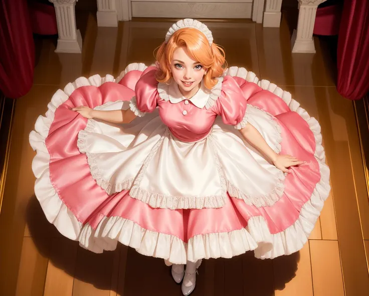 Fairy tale beautiful adult woman, solo,  strawberry blonde hair, age 30, mid shot, standing, grand hall, <lora:JosFrenchMaid-65:0.9>, m4id, (wide short skirt petticoat),  white velvet dress, apron, frills, rim lighting,  black footwear, full body, headpiece, from above, . Magical, fantastical, enchanting, storybook style, highly detailed