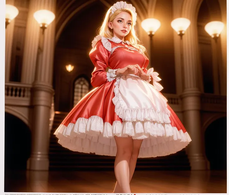 cinematic film still beautiful adult woman, solo,  blonde hair, age 30, mid shot, standing, grand hall, <lora:JosFrenchMaid-65:0.9>, m4id, short skirt, petticoat, red satin dress, apron, frills, rim lighting,  black footwear, full body . shallow depth of field, vignette, highly detailed, high budget, bokeh, cinemascope, moody, epic, gorgeous, film grain, grainy