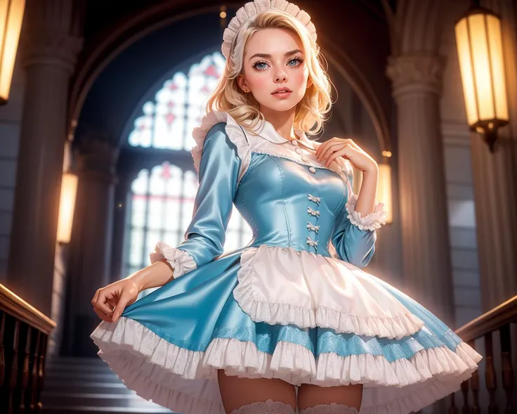 cinematic film still photogenic beautiful adult woman, solo,  blonde hair, age 30, mid shot, standing, grand hall, <lora:JosFrenchMaid-65:0.9>, m4id, very wide short skirt, petticoat,( blue  satin dress), apron, frills, rim lighting, headpiece,  looking at viewer, thighhighs, corset . shallow depth of field, vignette, highly detailed, high budget, bokeh, cinemascope, moody, epic, gorgeous, film grain, grainy