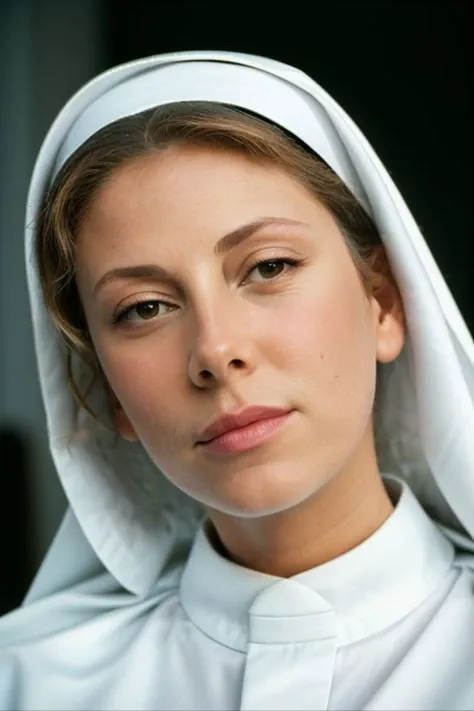 RAW photo, close up of alessia marcuzzi dressed as a nun, 8k uhd, dslr, soft lighting, high quality, film grain, Fujifilm XT3 <lora:alessiamarcuzzi2:0.95>