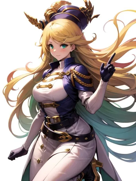 (hyper extreme detailed),(masterpeace),(hyper extreme),(photorealistic),CG,(colour:1.1), beautiful lighting,light from the front,solo,1girl,white background, <lora:light_elena:1>,light_elena,blond hair,green eyes,white long dress,belt,high heel boots,white long grove,hat,
