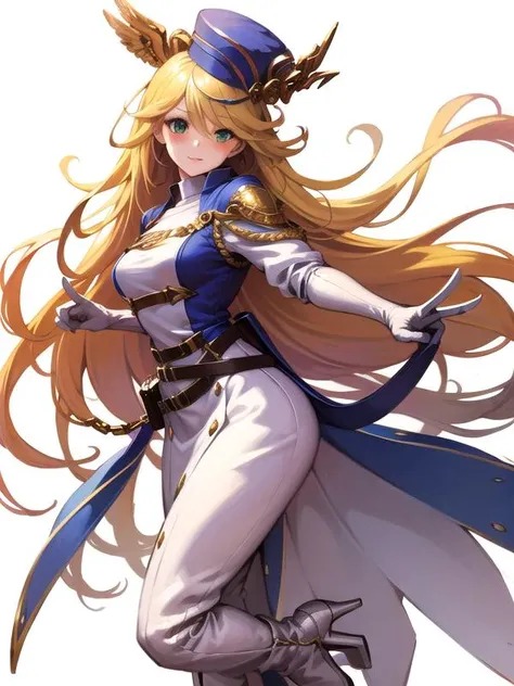 (hyper extreme detailed),(masterpeace),(hyper extreme),(photorealistic),CG,(colour:1.1), beautiful lighting,light from the front,solo,1girl,white background, <lora:light_elena:1>,light_elena,blond hair,green eyes,white long dress,belt,high heel boots,white long grove,hat,