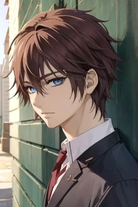 masterpiece, best quality, photorealistic, 1boy, solo, male focus, looking at viewer, , , , , <lora:senri_shiki:0.74>, senri_shiki, brown hair, blue eyes, burglar costume, ,