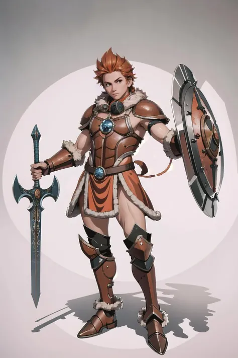 (masterpiece, best_quality, ultra-detailed, immaculate:1.3), epic, illustration, rough digital painting, (full body:1.2), 1boy, man, solo, [:formal costume design,:0.2] thief, deep blue (rusted fur shield,greaves:1.4), , bombshell bright orange hair, Wedge Cut, (athletic:1) build, simple background, rpg character concept art, in a  studio, bombshell hair, brown hair with red highlights, Dutch Infinity Braid, arm support<lora:EnvyBeautyMix36:1>