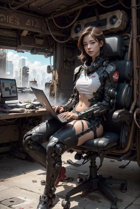 a woman sitting in a chair with a computer on it's back and a keyboard on her lap, Eve Ryder, laurie greasley, cyberpunk art, space art,
mecha pilot girl, smile, 1girl, mecha, cockpit, inside robot
slim body,  <lora:Niji:0.6>,  body suit,
high-tech theme, small hip, 
high detail, realistic, photo quality, high quality,  (photorealistic:1.4), science fiction