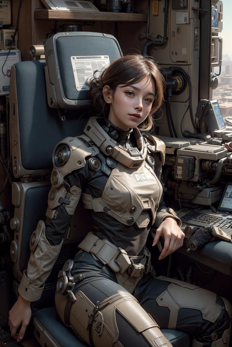 a woman sitting in a chair with a computer on it's back and a keyboard on her lap, Eve Ryder, laurie greasley, cyberpunk art, space art,
mecha pilot girl, smile, 1girl, mecha, cockpit, inside robot
slim body, <lora:Niji:0.6>, body suit,
high-tech theme, small hip,
high detail, realistic, photo quality, high quality, (photorealistic:1.4), science fiction