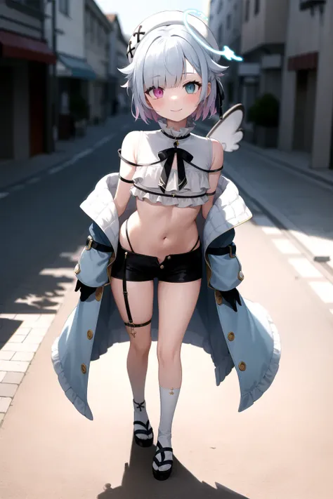 2d, masterpiece, best quality, anime, highly detailed face, highly detailed eyes, highly detailed background, perfect lighting, full body, 1girl, solo, amemiya nazuna, angel, heterochromia, frilled shirt, short shorts, single wing, white jacket, halo, beret, navel, smile, standing, japanese city, street, dusk <lora:angel-07:1>