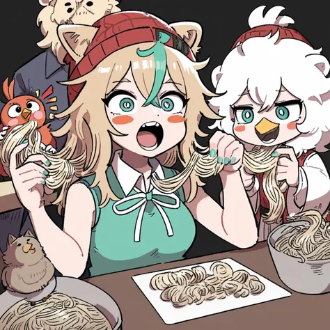 eating ramen, @_@, neck ribbon, fox girl, :3, bangs pinned back, toenail polish, jacket, blush stickers, sweater vest, hakama skirt, aqua nails, jewelry, streaked hair, winter uniform, aqua eyes, messy hair, red headwear, beanie, japanese clothes, teeth, hoodie, hair ornament, toenails, open mouth, medium breasts, collared shirt, plaid, pleated skirt, nissin cup noodle, bright pupils, table, chicken, lion girl, sleeveless