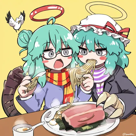 eating ramen, claws, restaurant, semi-rimless eyewear, grey eyes, bird, striped scarf, kirisame marisa, jacket partially removed, aqua hair, blush stickers, on head, collared shirt, turtleneck, medium hair, hat, skirt, indian style, open mouth, steam, plate, hair bun, white sleeves, hair ribbon, meat, halo, twitter username, bespectacled, tail, red hakama, antenna hair, spoon, blue shirt, blazer, hairclip