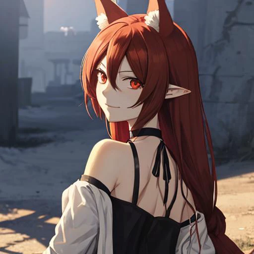 an anime character Amelie Azazel from the anime Mairimashita! Iruma-kun, 1girl, upper body, looking back, facing away, smirk, smug, smile, large breasts, cornrows, comb, brown hair, black choker, red eyes, detailed eyes, pale skin, long hair, hair over one eye, red hair, fine eyelashes, beautiful, pointy ears, animal ear fluff, wolf ears, composition, coherent design, dramatic shadows,<lora:Amelie Azazel3:1.0>