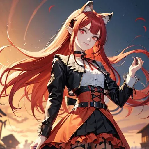 the anime character Amelie Azazel, from the anime Mairimashita! Iruma-kun, upper body, from bellow, looking up ,red hair, smile, masterpiece, best quality, 1girl, solo, long hair, breasts, looking at viewer, blush, red eyes, black choker, shirt lift, cropped jacket, holding, animal ears, pointy ears, very long hair, black corset, orange skirt, pink legwear, closed mouth, belt, armor, animal wolf ears, animal ears animal ear fluff, neck ribbon, raccoon ears, <lora:Amelie Azazel:0.9>,