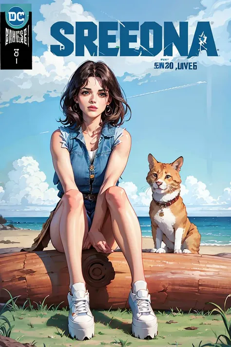 (anyachalotra:0.8),best quality,(masterpiece:1.2),soothing tones, comic cover,<lora:comicCover_v10:0.9>,
1 female, mature female, larger breasts,
romper, denim vest, platform sneakers