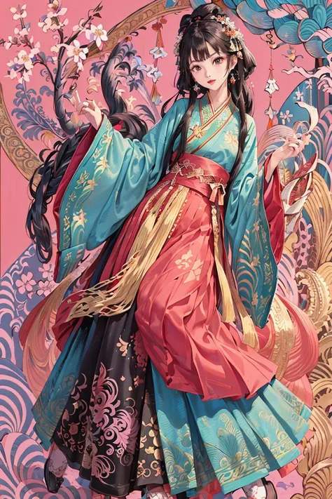 (masterpiece, top quality, best quality, official art, beautiful and aesthetic:1.2), extremely detailed,(fractal art:1.2),colorful,highest detailed,(zentangle:1.2), (dynamic pose), (abstract background:1.5), (many colors:1.4),
1 girl, (MF-SD15-V1:0.8), black hair, hanfu, song style, <lora:hanfu_v30:0.5>,
cherry blossom season,