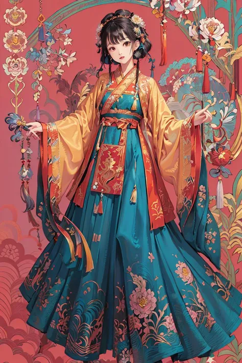 (masterpiece, top quality, best quality, official art, beautiful and aesthetic:1.2), extremely detailed,(fractal art:1.2),colorful,highest detailed,(zentangle:1.2), (dynamic pose), (abstract background:1.5), (many colors:1.4),
1 girl, (MF-SD15-V1:0.8), black hair, hanfu, tang style, <lora:hanfu_v30:0.5>,
chrysanthemums blossom, peonies blossom, goldfish jumps,
