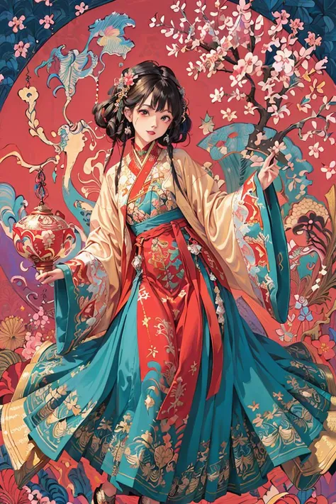(masterpiece, top quality, best quality, official art, beautiful and aesthetic:1.2), extremely detailed,(fractal art:1.2),colorful,highest detailed,(zentangle:1.2), (dynamic pose), (abstract background:1.5), (many colors:1.4),
1 girl, (MF-SD15-V1:0.8), black hair, hanfu, song style, <lora:hanfu_v30:0.5>,
cherry blossom season,