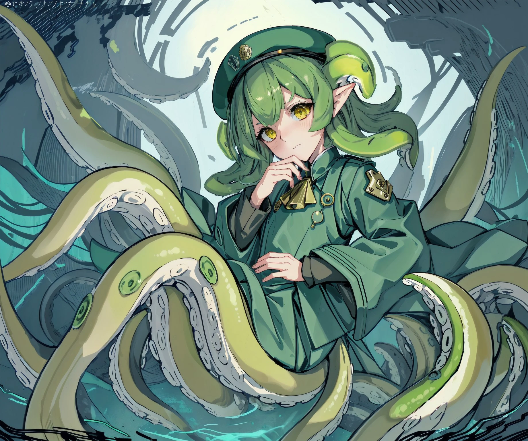 (8k uhd, masterpiece, best quality, high quality, absurdres, ultra-detailed), solo, 1girl <lora:Squidlegs_V1.0:0.8>, squidlegs, tentacles, monster girl, scylla, solo, 1girl,(hair tentacles:1.2), pointy ears, eldritch abomination, menacing, flappy sleeves, long sleeves, loose sleeves, military hat, military jacket, tentacle legs, green hair, green tentacles, bulletproof vest, <lora:colorfix:1.0>, detailed background, smug, partially underwater shot, <lyco:GoodHands-beta2:1.0>, japanese text, good hands, nice hands, perfect hands, eldritch, paracausal, <lora:breastsizeslideroffset:-1.0>, thoughtful expression, on stomach, floating, yellow eyes, squid eyes, ambiguous gender,