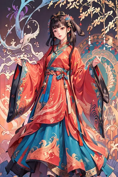 (masterpiece, best quality, official art, beautiful and aesthetic:1.2), extremely detailed,(fractal art:1.2),colorful,(zentangle:1.2), (dynamic pose), (abstract background:1.5), (many colors:1.4),
1 girl, (cajwes:0.8), black hair, hanfu, han style, <lora:hanfu_v30:0.5>, Solidaster, Chinese silk,